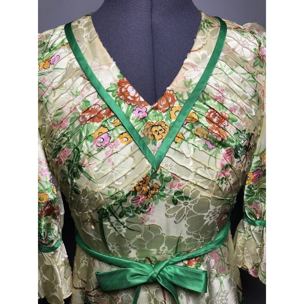 Vintage 1970s Boho Dress Floral Brocade Maxi Dress Festival Gown STAINED XS - Picture 3 of 16